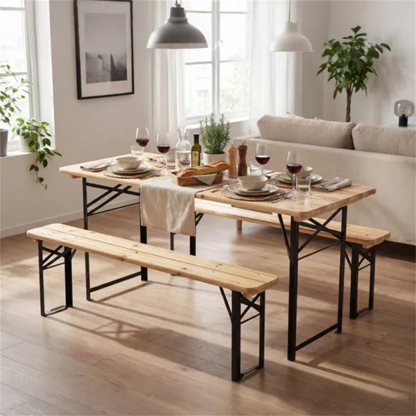 47" Foldable Picnic Table With 2 Benches, Solid Fir Wood Outdoor Dining Set With Sturdy Metal Frame For Patio Garden - view 2