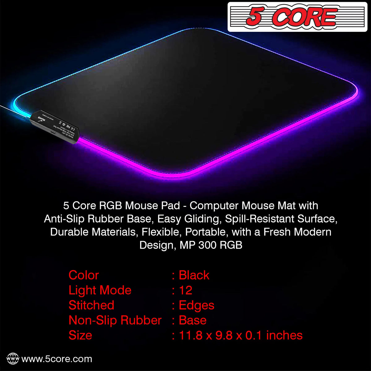 5Core Gaming Mouse Pad RGB 12 Light Modes 2 Zone Desk Mouse Mat w Rubber Base - view 7