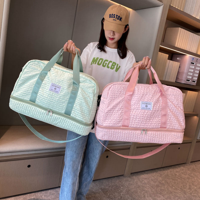 Solid Color Travel Duffle Bag With Ruched Design Portable Luggage Bag Dry And Wet Separation Fitness Gym Shoulder Bag - view 3