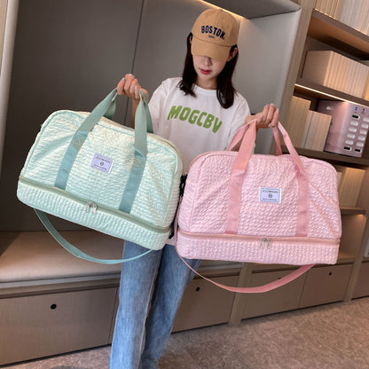 Solid Color Travel Duffle Bag With Ruched Design Portable Luggage Bag Dry And Wet Separation Fitness Gym Shoulder Bag - view 3