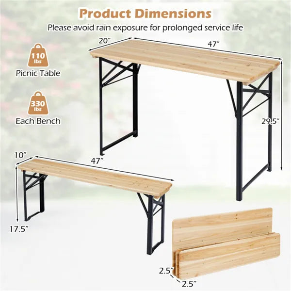 47" Foldable Picnic Table With 2 Benches, Solid Fir Wood Outdoor Dining Set With Sturdy Metal Frame For Patio Garden - view 3