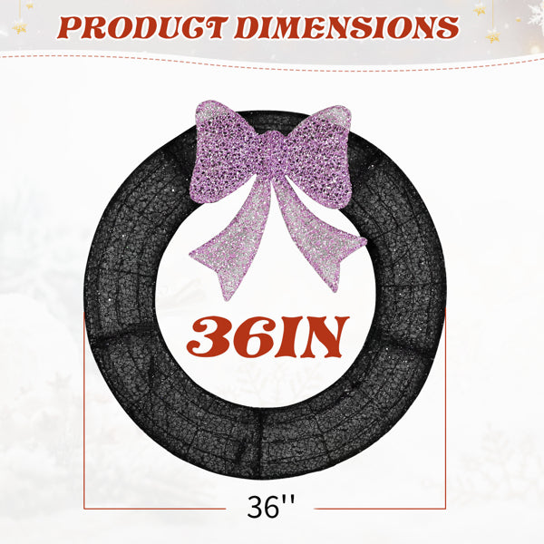 36in Pre-lit Outdoor Christmas Wreath Decoration, Lighted Metal Wreath With Purple Bow - view 9