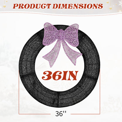 36in Pre-lit Outdoor Christmas Wreath Decoration, Lighted Metal Wreath With Purple Bow - view 9