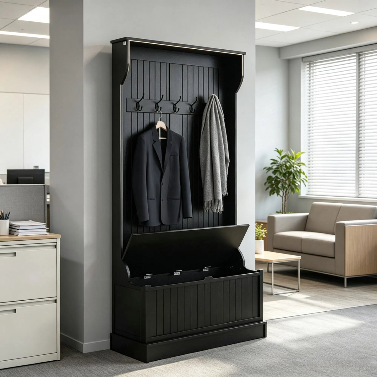 Black 3-In-1 Entryway Bench Coat Rack Hall Tree with Shoe Storage 5 Hooks for Hallway - Bench And Storage Furniture - view 4