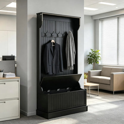 Black 3-In-1 Entryway Bench Coat Rack Hall Tree with Shoe Storage 5 Hooks for Hallway - Bench And Storage Furniture - view 4