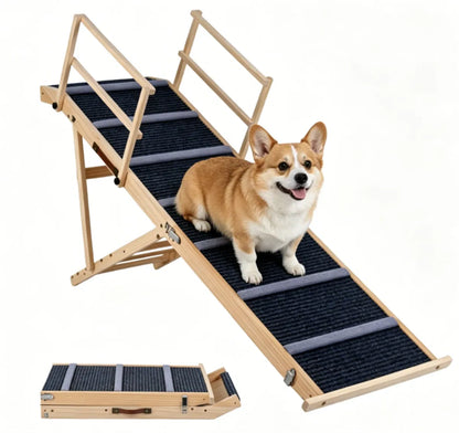 6-Level Adjustable Foldable Pet Ramp, Solid Pine Wood Non-Slip Dog Stairs with Side Rails - view 9