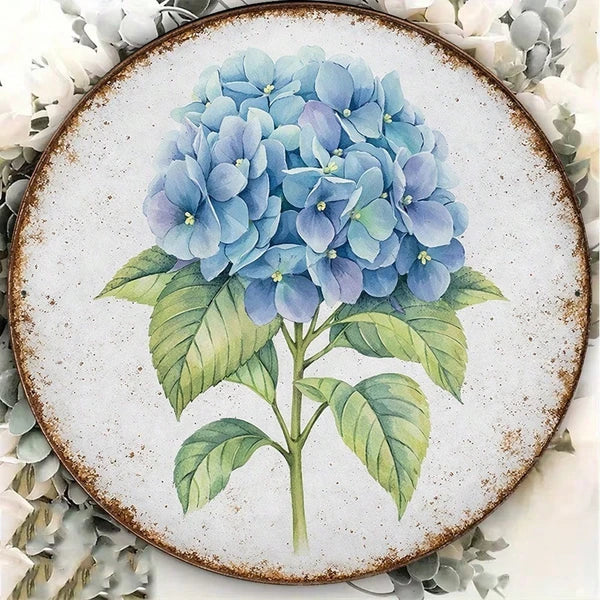 1pc Vintage Blue Hydrangea Round Sign 8x8in, Round Sign 8x8in, 8x8in, 2D Flat Decorative Plaque For Kitchen Garden - view 2