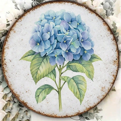 1pc Vintage Blue Hydrangea Round Sign 8x8in, Round Sign 8x8in, 8x8in, 2D Flat Decorative Plaque For Kitchen Garden - view 2