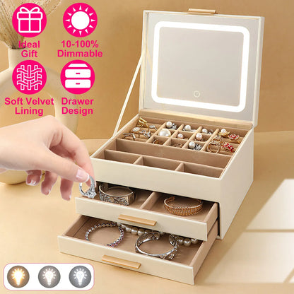 Jewelry Box With LED Mirror 3-Layer Jewelry Organizer With 2 Drawers PU Jewelry Holder With 3 Mirror Light Colors - view 6