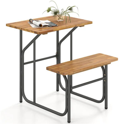 Unique One-Side Acacia Wood Patio Table & Bench Set, Combineable For Picnic & Leisure