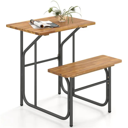 Unique One-Side Acacia Wood Patio Table & Bench Set, Combineable For Picnic & Leisure
