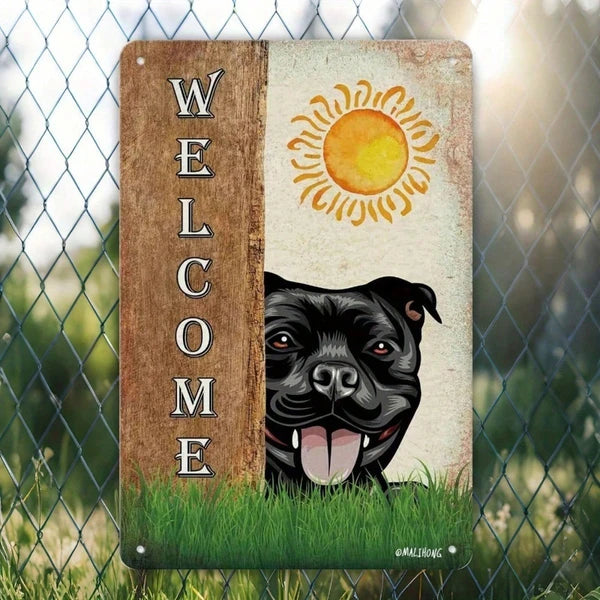 Vintage Staffordshire Bull Terrier Dog Welcome Metal Sign, Rustic Farmhouse Tin Wall Art, Art - view 3