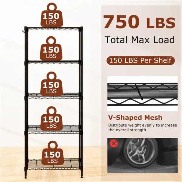 5-Tier Heavy-Duty Metal Wire Shelving, 750 LBS Total Load With Multi-Grade Per Shelf Capacity For Garage & Kitchen - view 3