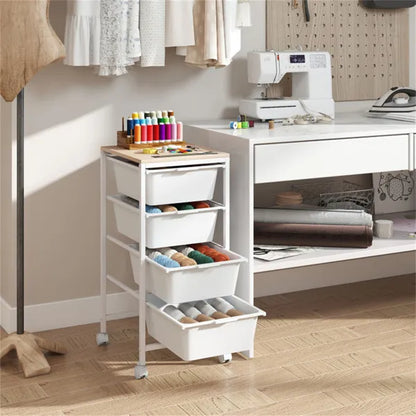 4-Drawer Rolling Storage Cart, Mobile Utility Organizer With MDF Wooden Top (Natural) - view 4