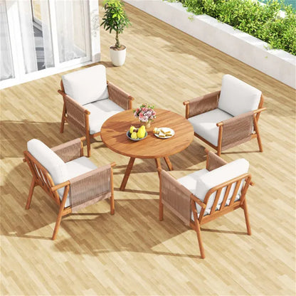 White Boho Patio Acacia Wood Chair With Woven Rope Armrests, Cushioned Outdoor Accent Chair For Porch Balcony - view 5