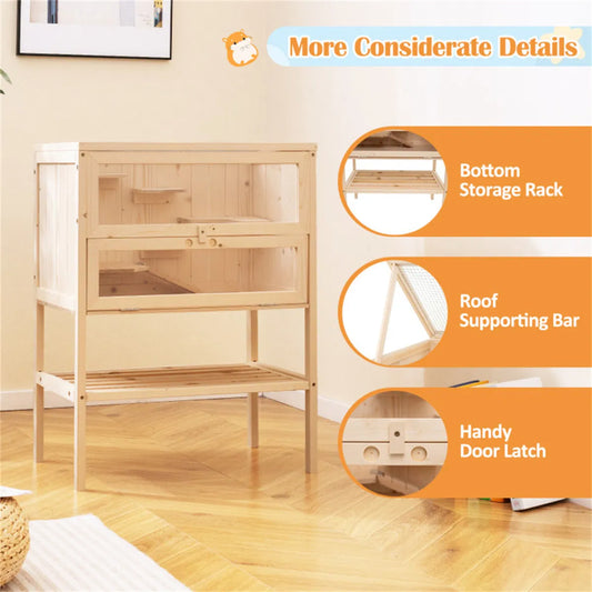 31.5 " Fir Wood Hamster Cage with Flip Mesh Roof, Multi-Level Activity Areas & Bottom Storage Shelf - view 2
