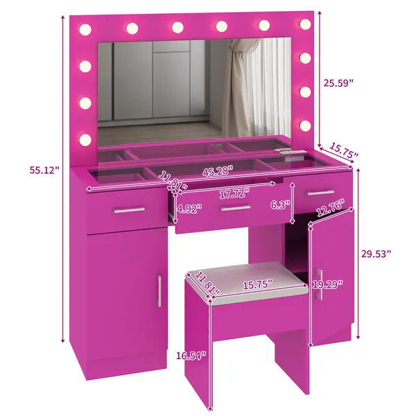 Vanity Desk Set with Large Lighted Mirror and Powre Outlet, Glass Top Makeup Vanity with 3 Drawers and 2 Cabinets - view 4
