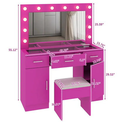 Vanity Desk Set with Large Lighted Mirror and Powre Outlet, Glass Top Makeup Vanity with 3 Drawers and 2 Cabinets - view 4