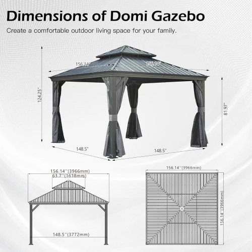 13x13FT Outdoor Gazebo, Hardtop Gazebo With Galvanized Steel Double Roof - view 5