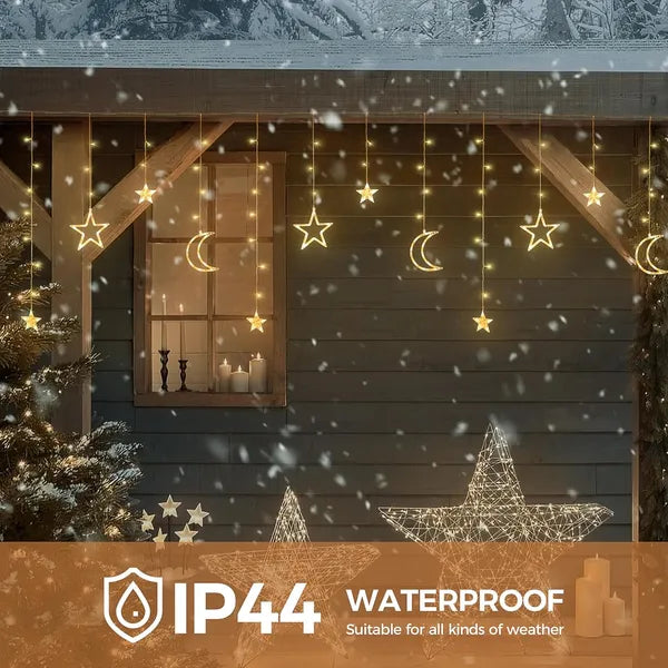 Ramadan Solar Icicle Lights,Outdoor Waterproof Moons Stars Curtain Window String With 8 Modes Timer Remote - view 2