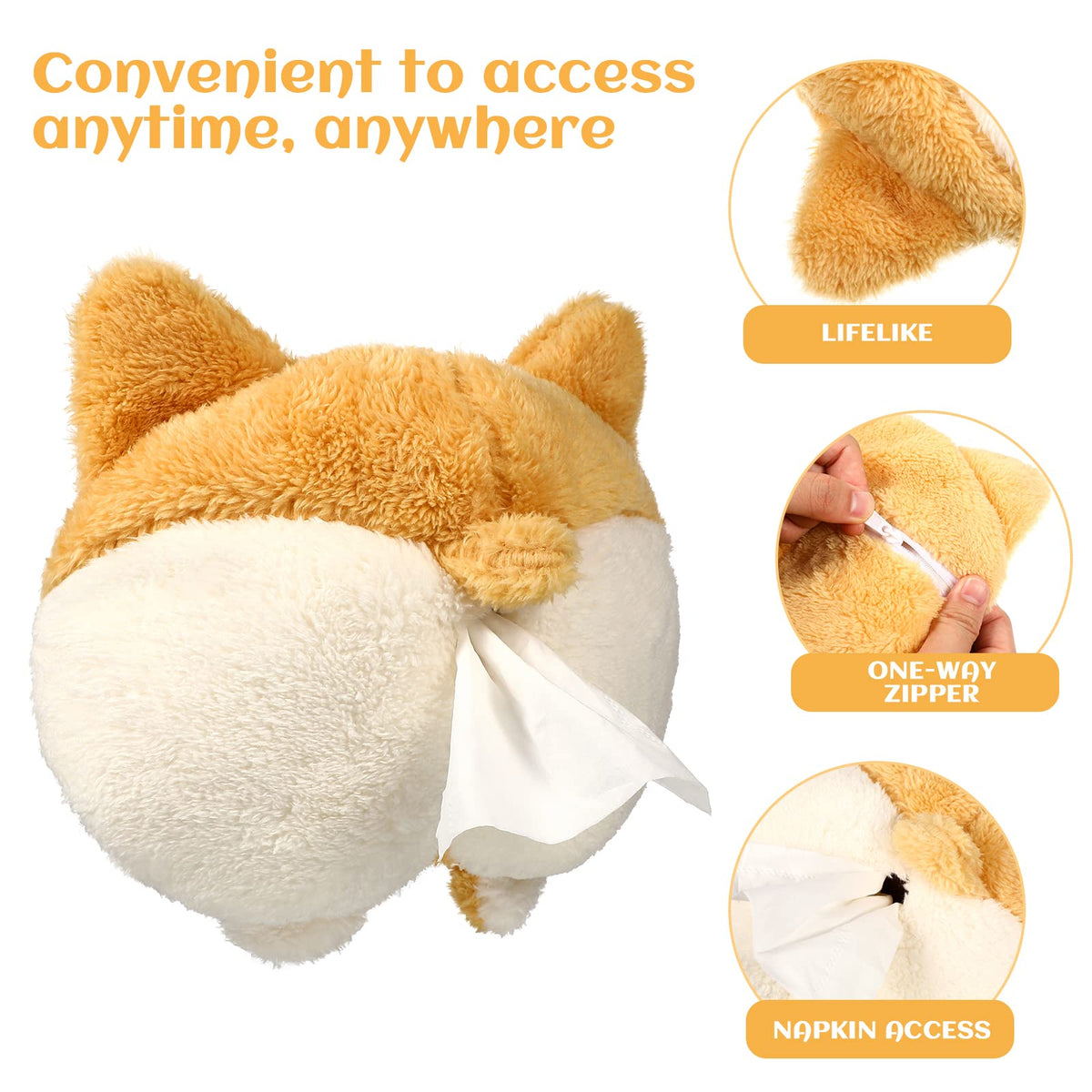 Tissue Box Cover Soft Adorable Corgi Butt Shaped Creative Storage Bag Hanging Pouch Tissue Box Wrapper For Car Home - view 7