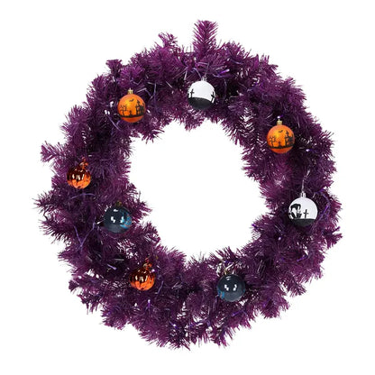 24in Pre-lit Halloween-Themed Christmas Wreath, Lighted Artificial Xmas Wreath With 50 Purple & Orange Lights And