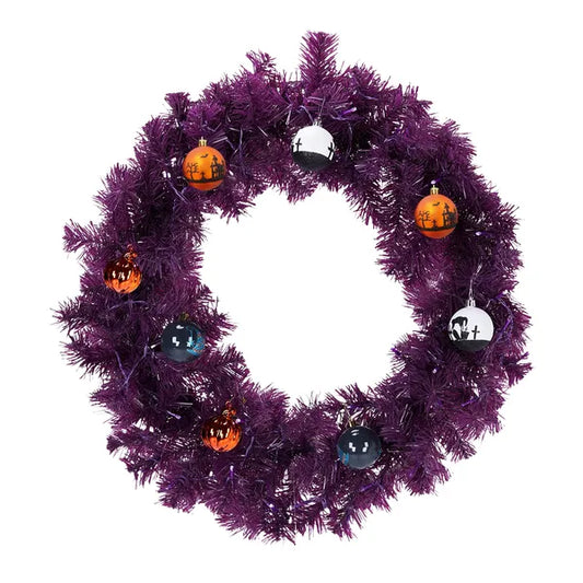 24in Pre-lit Halloween-Themed Christmas Wreath, Lighted Artificial Xmas Wreath With 50 Purple & Orange Lights And