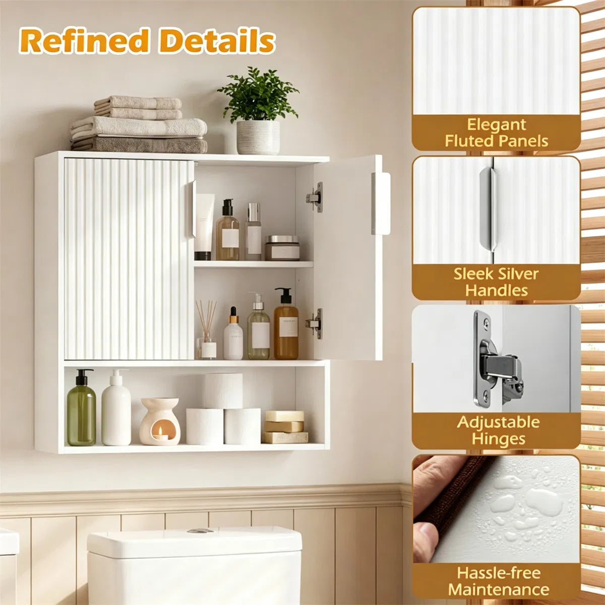 Wall Mounted Bathroom Cabinet, Modern Fluted Panel Storage Cabinet with Adjustable Shelf - view 8