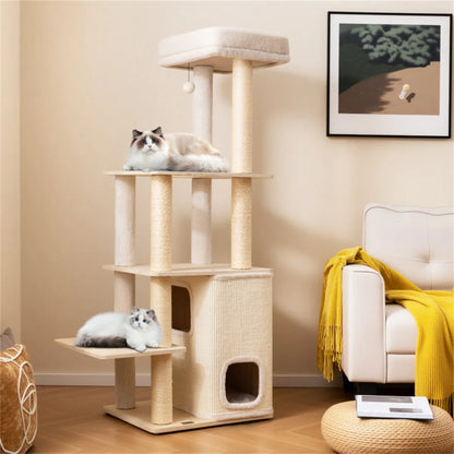 63" Wooden Cat Tree - 2-Story Condo with Bamboo Interior, 5 Sisal Scratching Posts, 44 lbs Per Layer Capacity - view 4