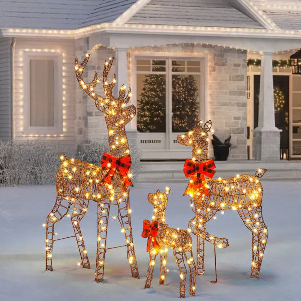3-Piece Lighted Christmas Reindeer Family Set Outdoor Decorations, Weather Proof Rattan Deer Family Set Of 3 Christmas - view 8