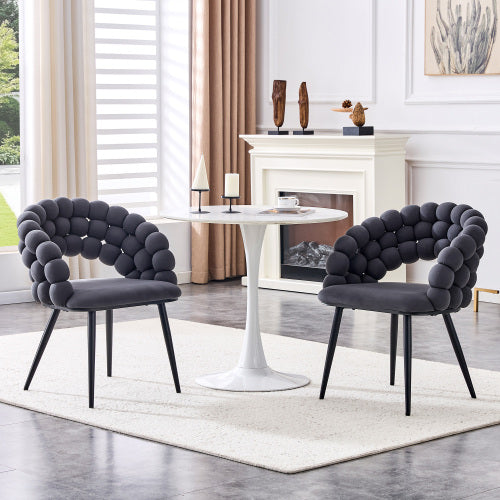 Set Of 2 Gray Puffy Bubble Chair Ball Chain Chair Velvet Dining Chairs With Black Legs - view 5