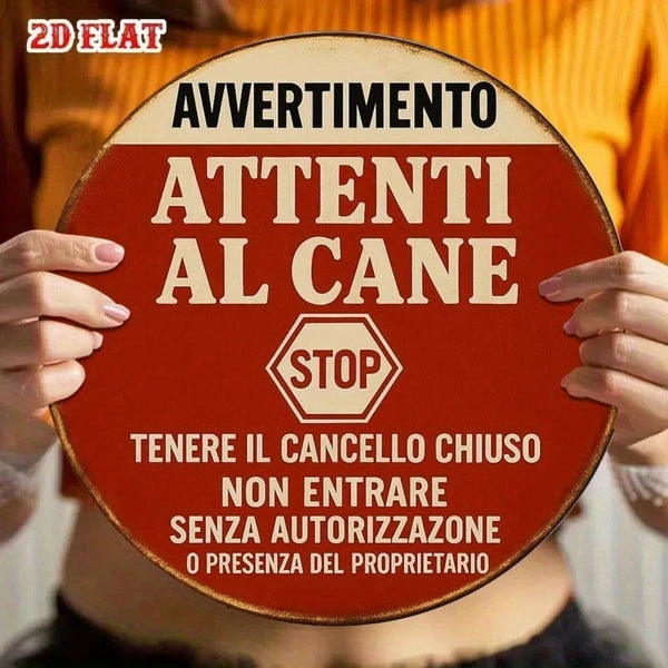 1pc Vintage Italian "Beware Of Dog" Warning Sign, 8-Inch Round Metal Plaque With Stop Symbol & Dog Icon - view 2