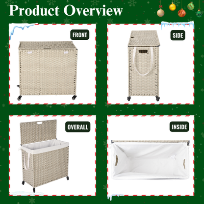 Laundry Hamper With Lid PE Rattan Powder Coating Frame Clothes Hampers With 02 Removable Bags, Wheels, 160L, Gray Color - view 3