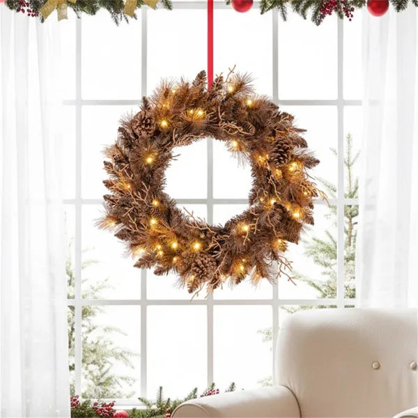 24" Pre-Lit Christmas Wreath - 35 Warm White LEDs+6 Pine Cones, 105 Branch Tips (Brown) - view 5
