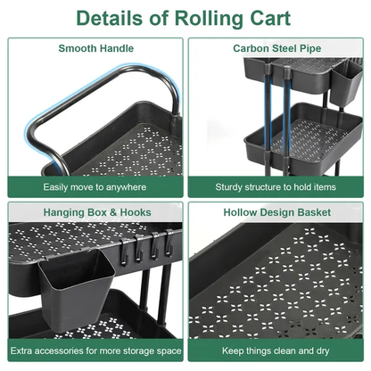 3 Tier Rolling Utility Cart Movable Storage Organizer With Mesh Baskets Lockable Wheels 360 Degree Rotatable Hanging - view 4