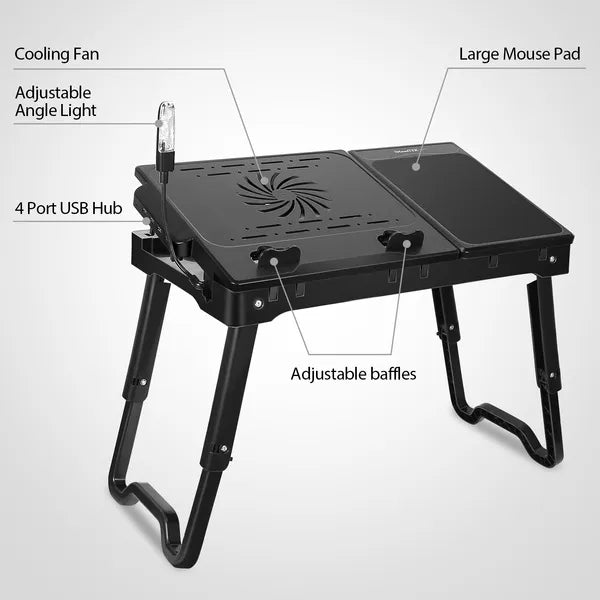 Foldable Laptop Table Bed Notebook Desk With Cooling Fan Mouse Board LED Light 4 XUSB Ports Breakfast Snacking Tray - view 3