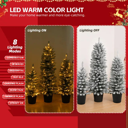 Set Of 3 Pre-lit Xmas Trees With Pot Stands, Snow Flocked Artificial Christmas Trees WithWarm Lights Battery Operated - view 3