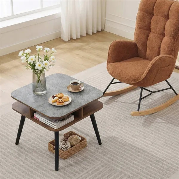 Faux Marble Side Table With 4-Sided Storage Shelves, 24" Square End Table For Living Room Bedroom - view 5