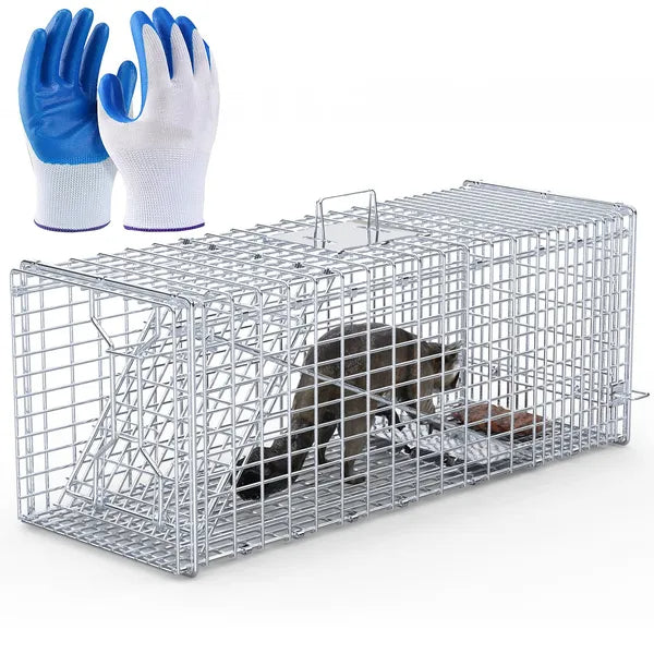 Live Animal Trap Cage 37x14x15in Folding Catch And Release Humane Cat Trap Galvanized Iron For Raccoons Foxes Coyotes - view 5