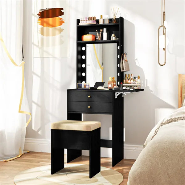 3-Color LED Lighted Vanity Desk with Charging Station - Foldable Makeup Table & Cushioned Stool Set - view 10