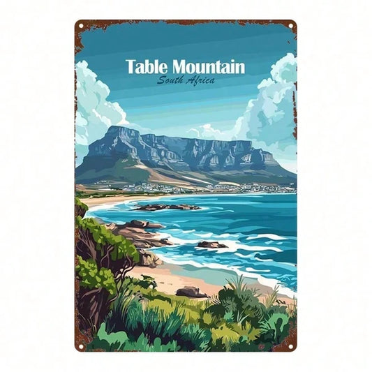 Vintage Table Mountain South Africa Tin Sign 8x12 Inch, Antique 2D Flat Metal Plaque Wall Decor For Home Farm Kitchen