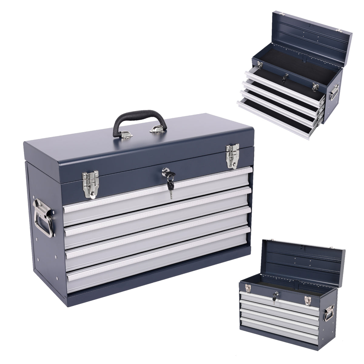 Heavy Duty Metal Tool Box, 21-inch, Portable Metal Tool Box With 4 Drawers, Small Tool Chest With EVA Liners
