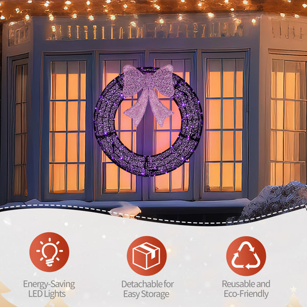 36in Pre-lit Outdoor Christmas Wreath Decoration, Lighted Metal Wreath With Purple Bow - view 2