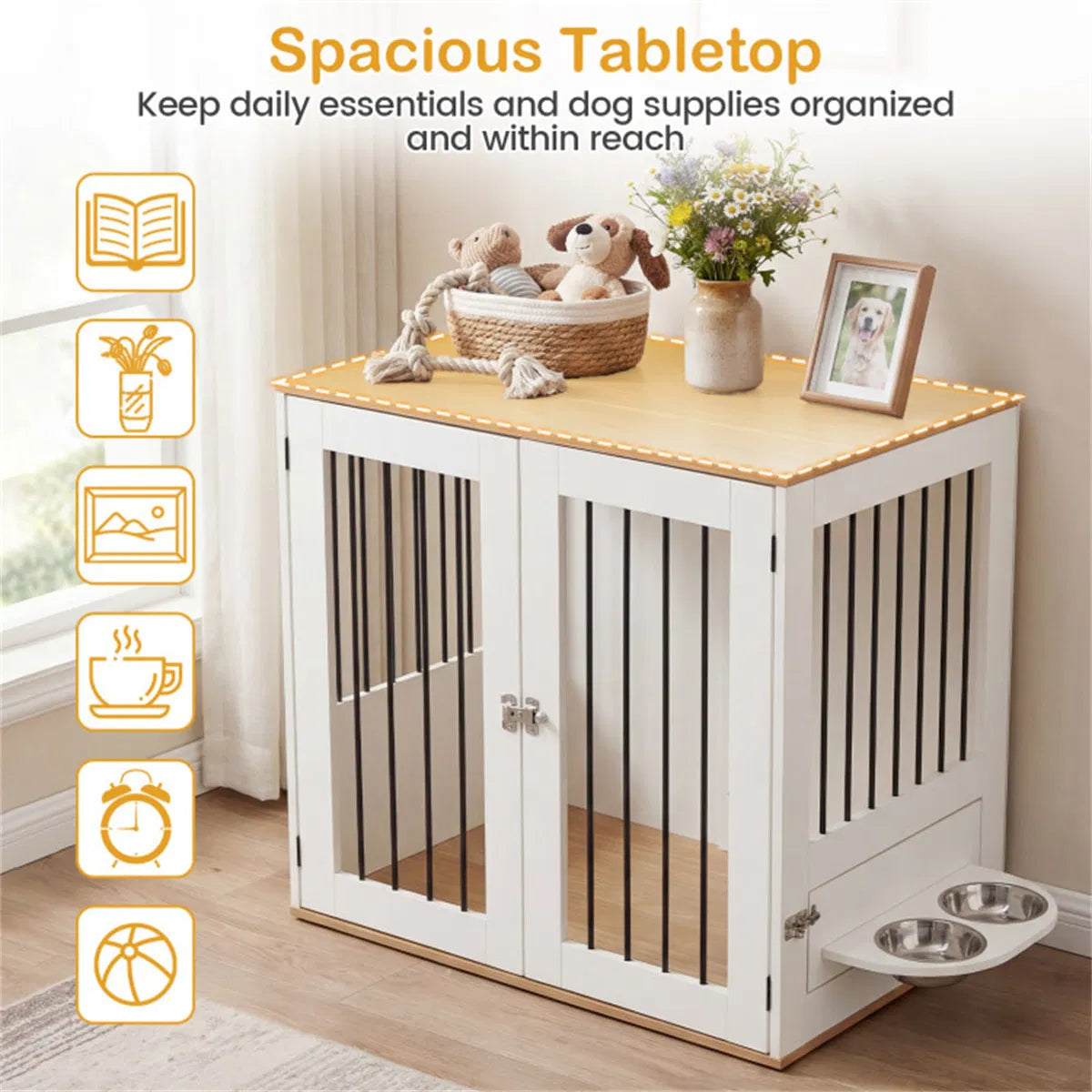 Furniture Style Dog Crate with 360° Rotating Feeder & 304 Stainless Steel Bowls, Double Locking Indoor Dog Kennel - view 7