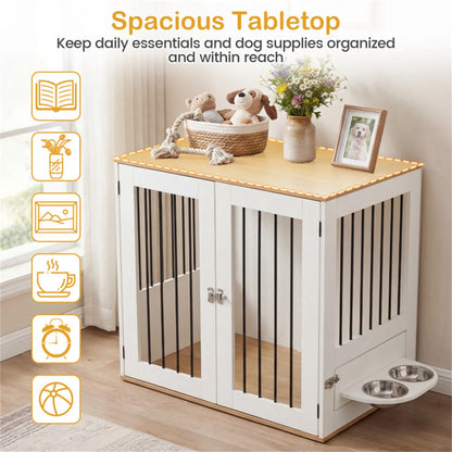 Furniture Style Dog Crate with 360° Rotating Feeder & 304 Stainless Steel Bowls, Double Locking Indoor Dog Kennel - view 7