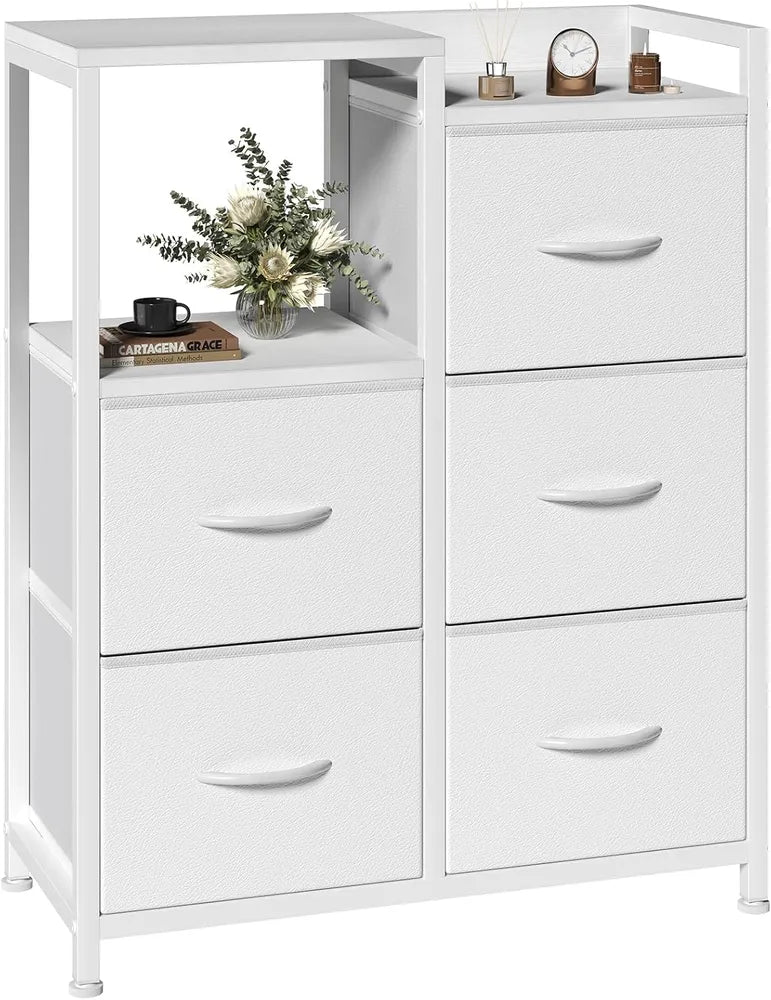 5 Drawer White Dressers For Bedroom 2 Tier Shelf Shelf Small Fabric Dresser For Closet Sturdy Metal Frame Modern Style - view 6