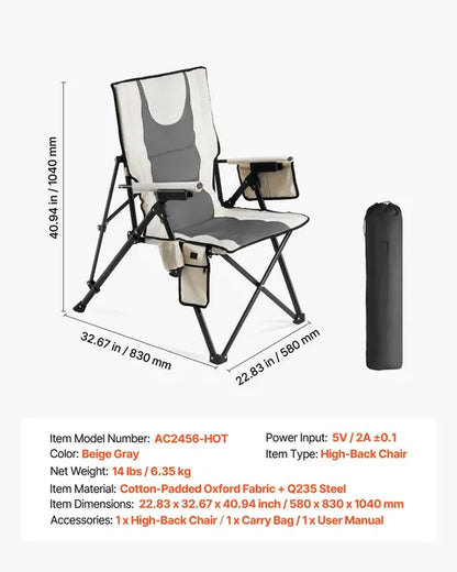 VEVOR Heated Camping Chair, 3 Heat Settings, High Back Folding Camping Chair, Supports 260lbs - view 4