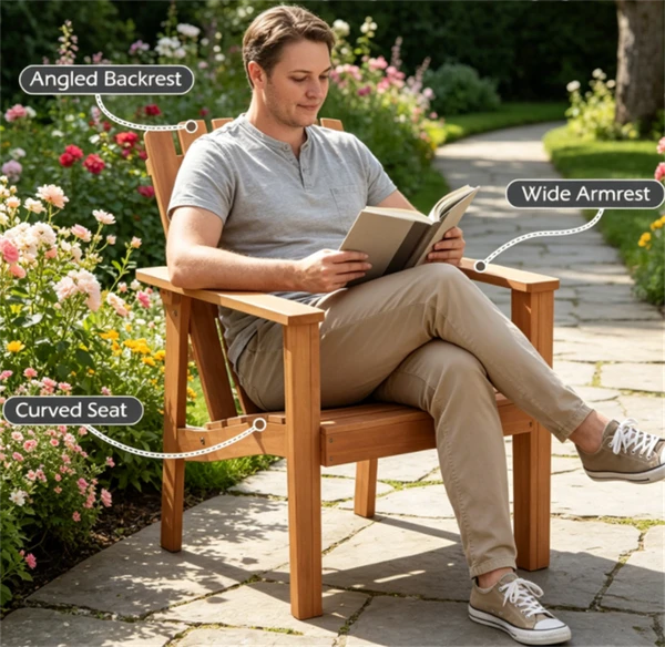 Natural Finish Acacia Wood Adirondack Chair, Ergonomic Backrest & Extra Armrests Heavy Duty Outdoor Lounge Chair - view 5