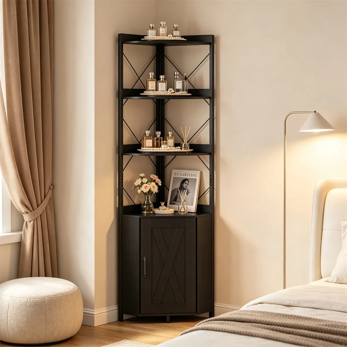 Freestanding Corner Display Shelf, Black Engineered Wood & Metal Bookcase with Concealed Cabinet - view 2