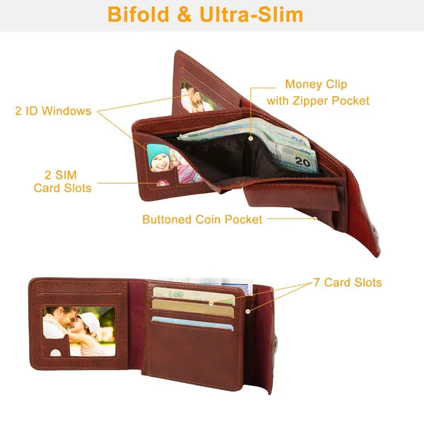 Men's Wallet PU Leather Bifold Purse Slim RFID Blocking Card Holder Cases W / 2 ID Window Coin Pocket - view 5